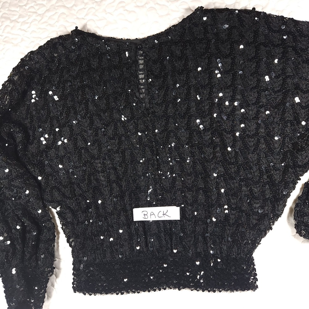 Large Black Sequin Evening Blouse Relaxed Fit Formal Top Balloon Sleeve Wedding - Picture 7 of 9